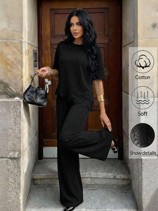 SHEIN Aloruh طقم قطعتين تي شيرت وبنطال طويل مزين بالدانتيل
