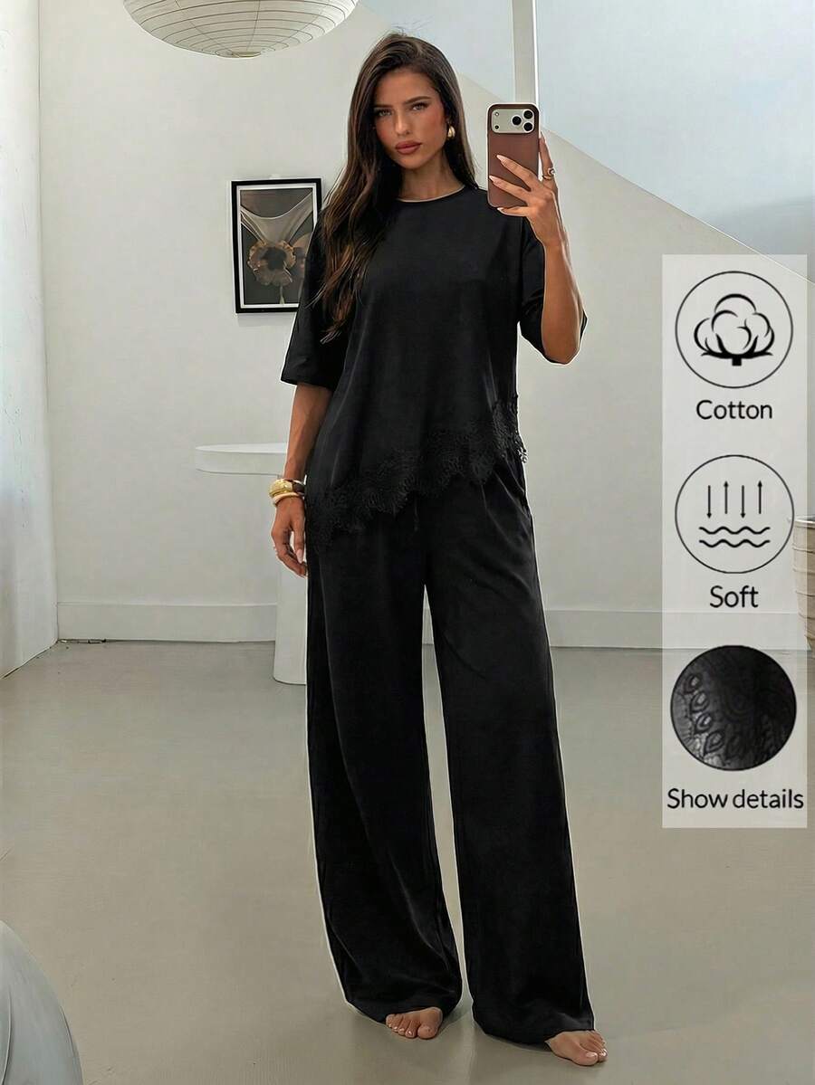 SHEIN Aloruh طقم قطعتين تي شيرت وبنطال طويل مزين بالدانتيل