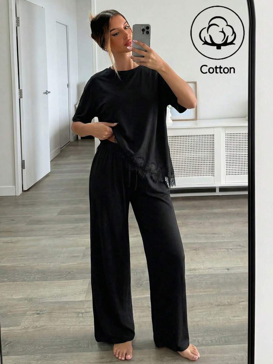 SHEIN Aloruh طقم قطعتين تي شيرت وبنطال طويل مزين بالدانتيل