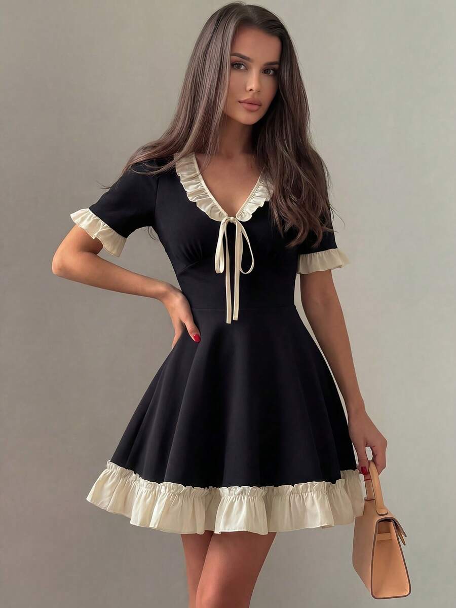 SHEIN MULVARI فستان أسود بأكمام قصيرة بتصميم رقعي وذيل مكشكش