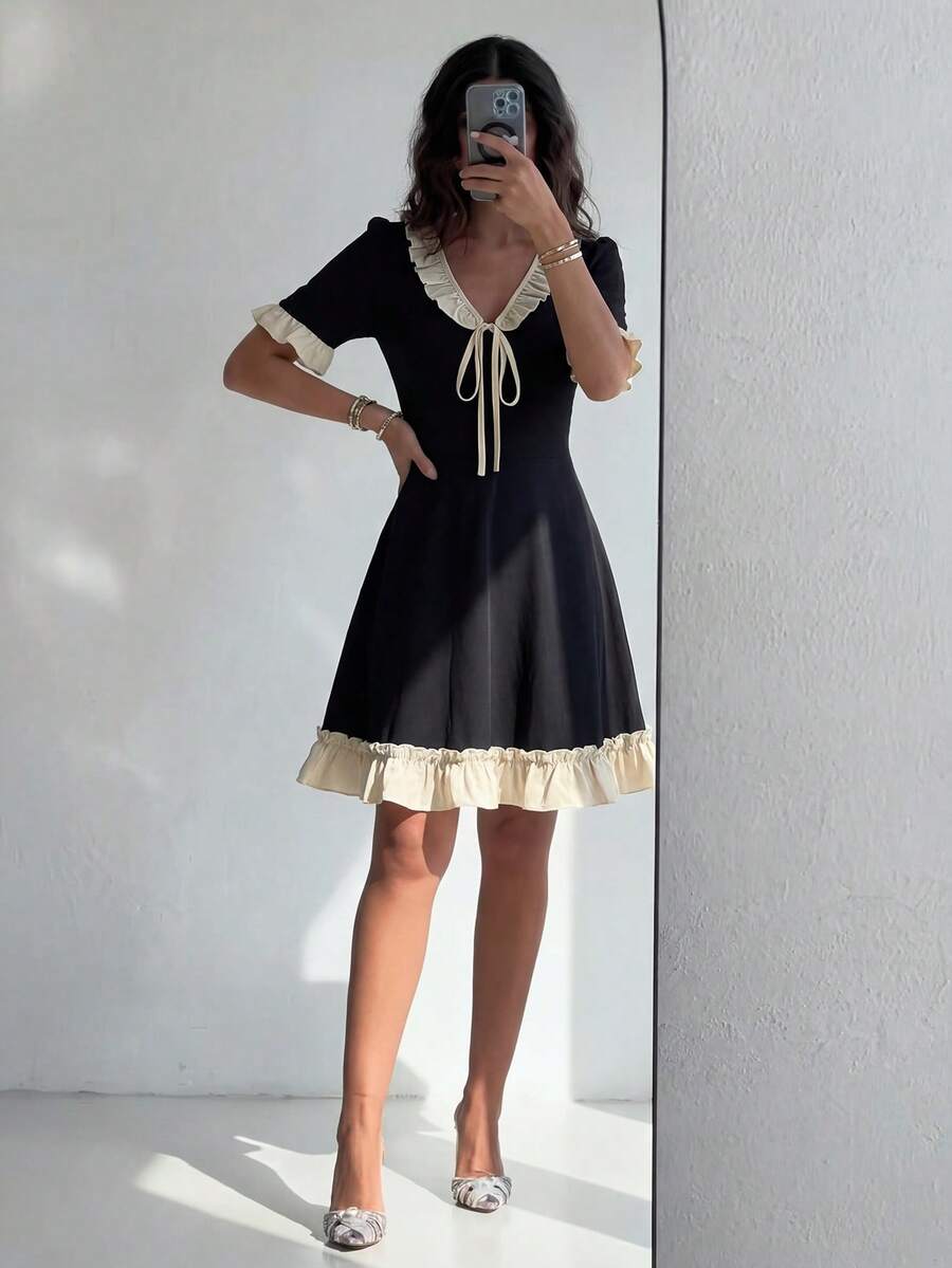 SHEIN MULVARI فستان أسود بأكمام قصيرة بتصميم رقعي وذيل مكشكش