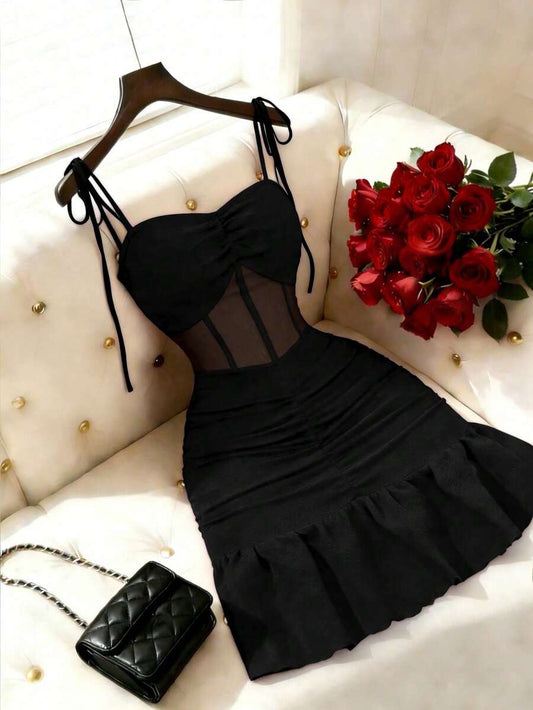 SHEIN GlowEve فستان أسود قصير بحمالات رفيعة من قماش مشبك محبوك وشبكي