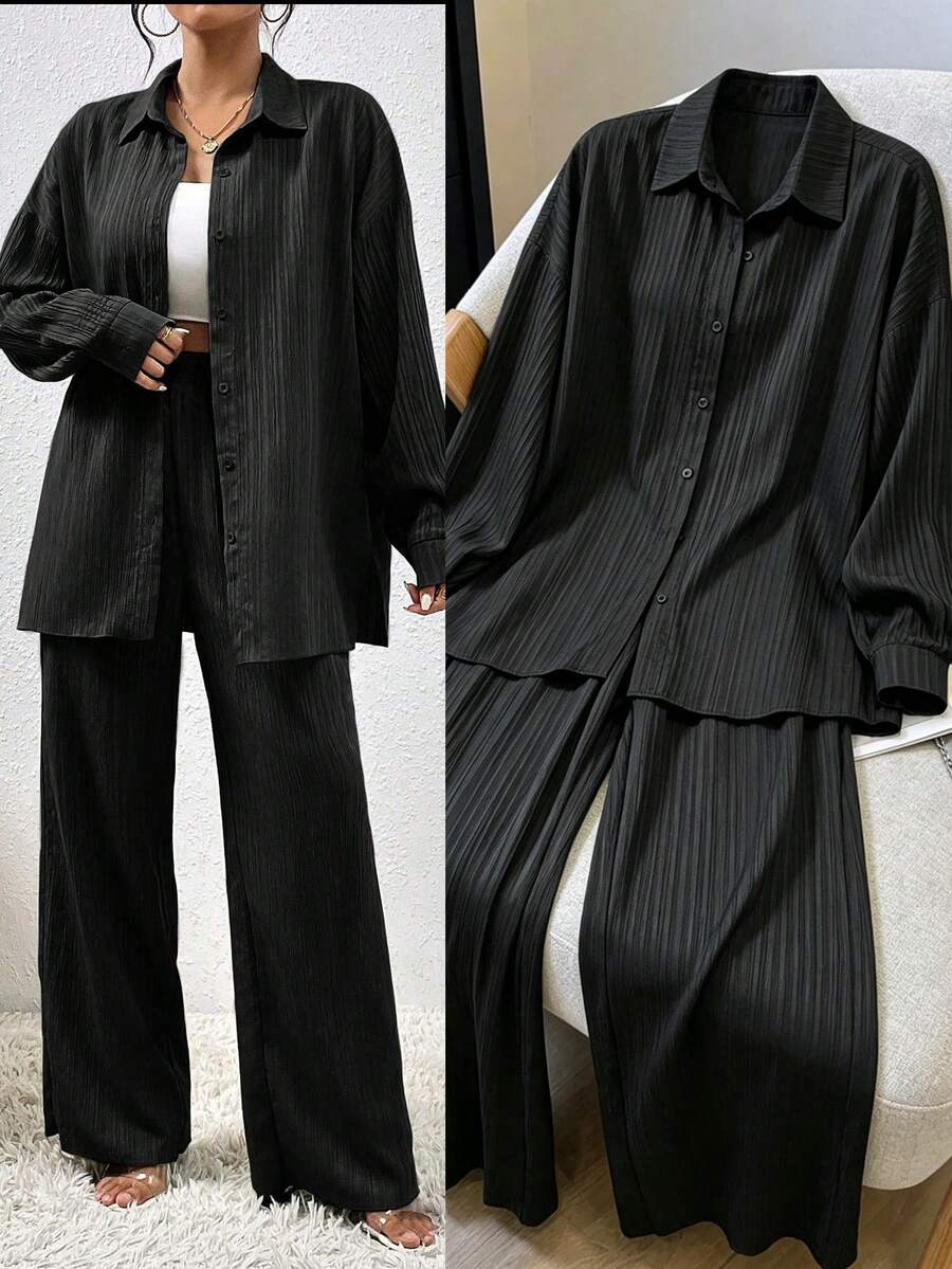 SHEIN Elenzga طقم نسائي من قطعتين قميص بأكمام منسدلة وبنطال واسع