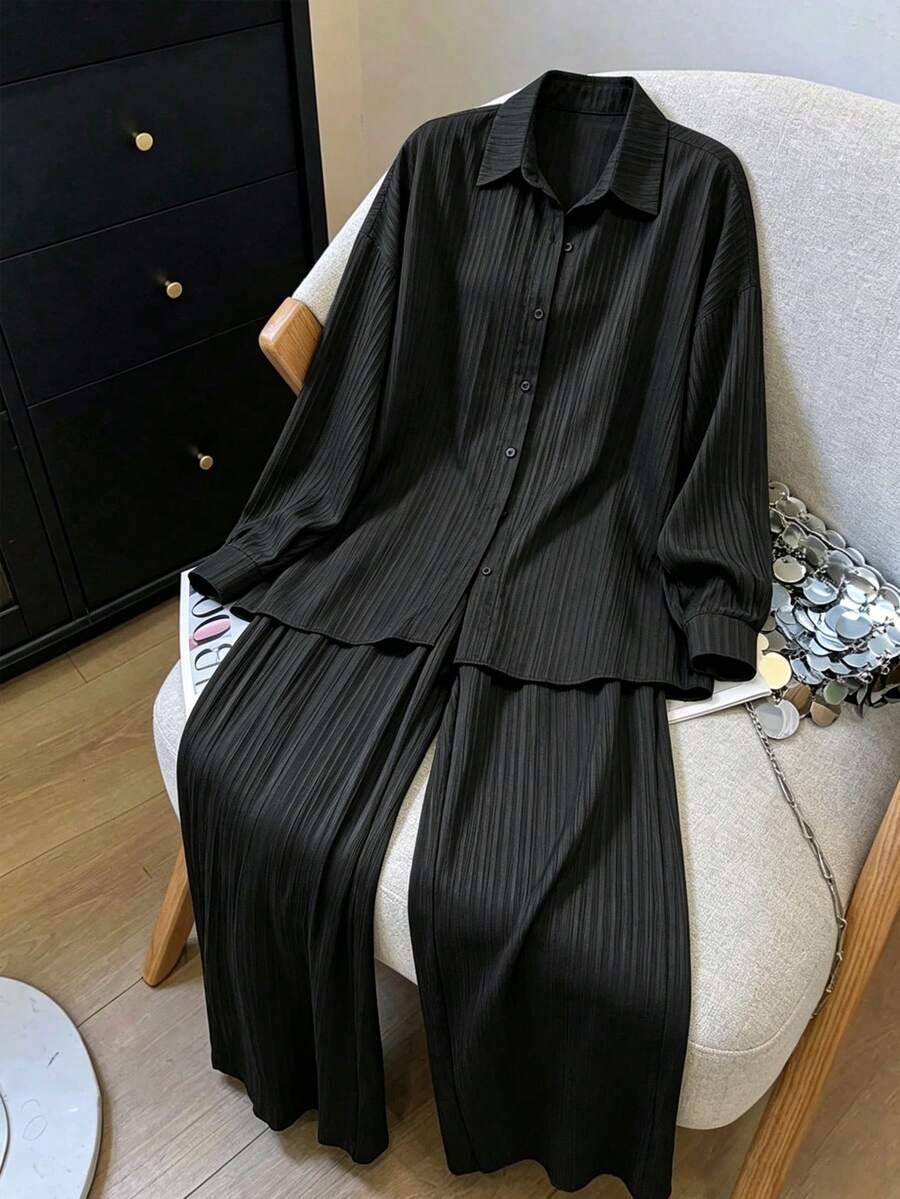 SHEIN Elenzga طقم نسائي من قطعتين قميص بأكمام منسدلة وبنطال واسع