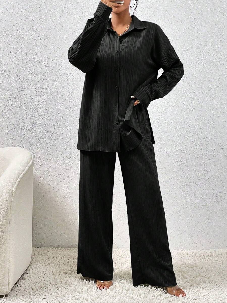 SHEIN Elenzga طقم نسائي من قطعتين قميص بأكمام منسدلة وبنطال واسع