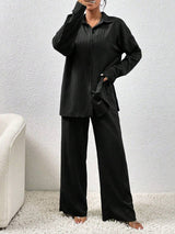 SHEIN Elenzga طقم نسائي من قطعتين قميص بأكمام منسدلة وبنطال واسع