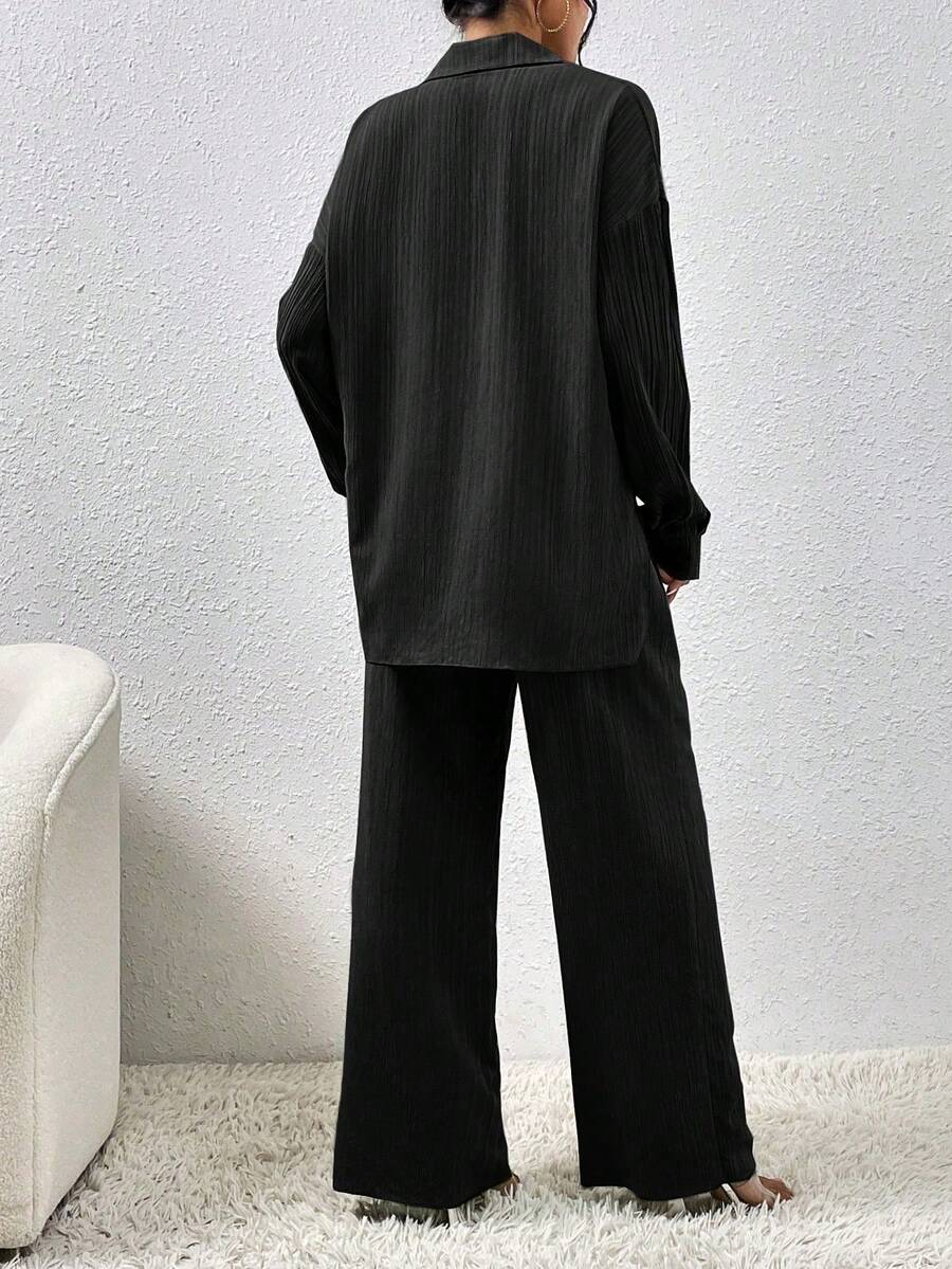SHEIN Elenzga طقم نسائي من قطعتين قميص بأكمام منسدلة وبنطال واسع