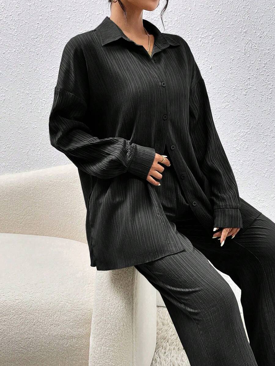 SHEIN Elenzga طقم نسائي من قطعتين قميص بأكمام منسدلة وبنطال واسع