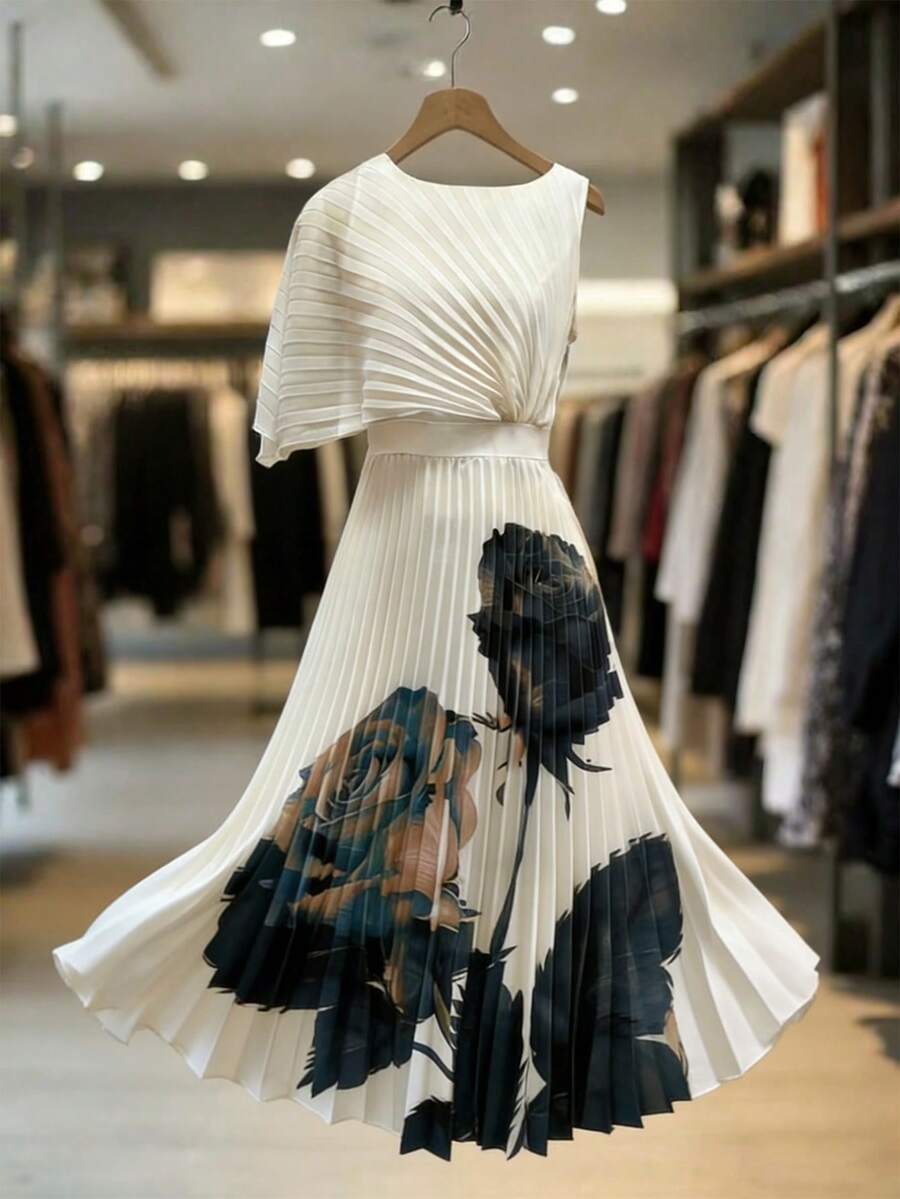 SHEIN Modelyn فستان بياقة مستديرة وخصر مكسر بشكل رومانسي