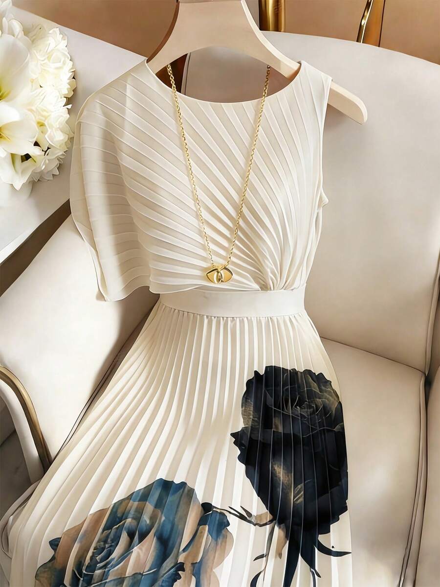 SHEIN Modelyn فستان بياقة مستديرة وخصر مكسر بشكل رومانسي