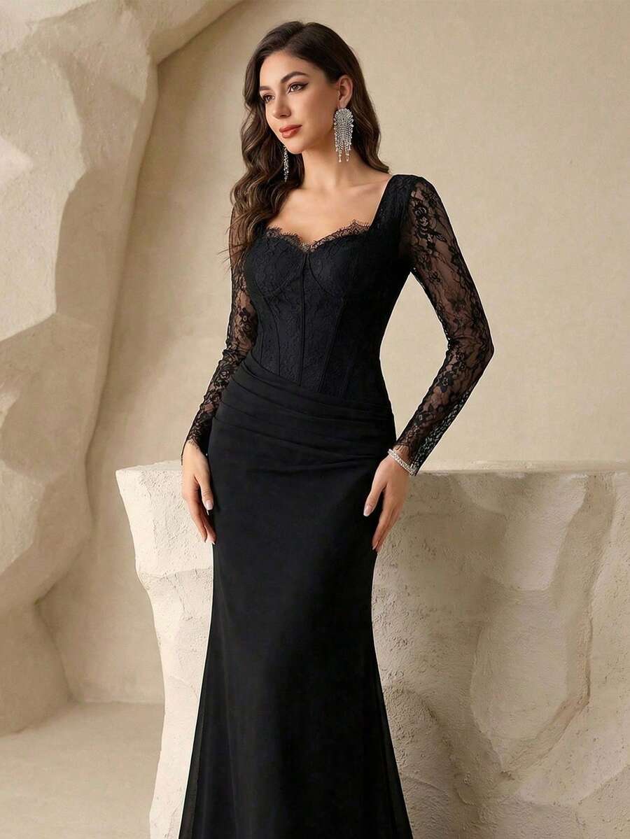 SHEIN فستان طويل دانتيل بخصر مشدود وتصميم مرقع باللون الأسود