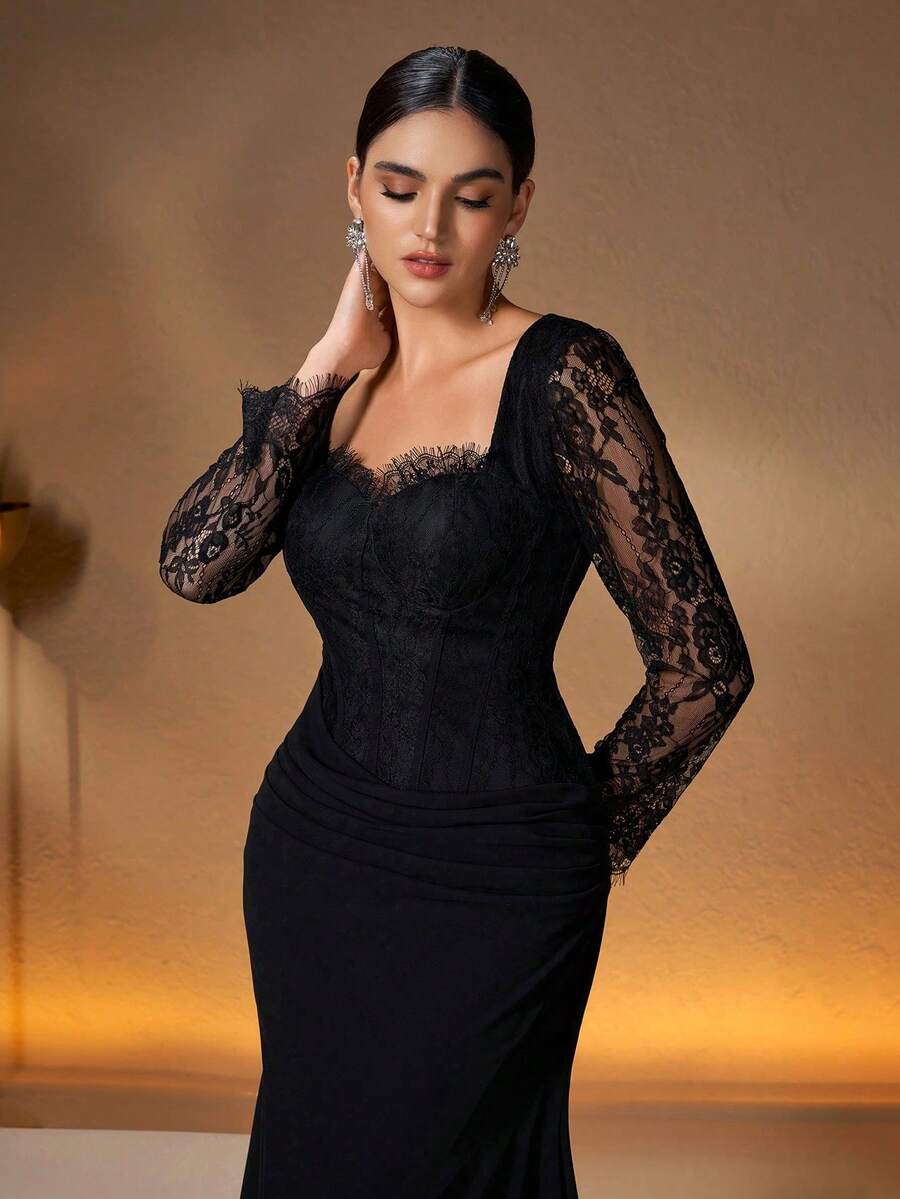 SHEIN فستان طويل دانتيل بخصر مشدود وتصميم مرقع باللون الأسود