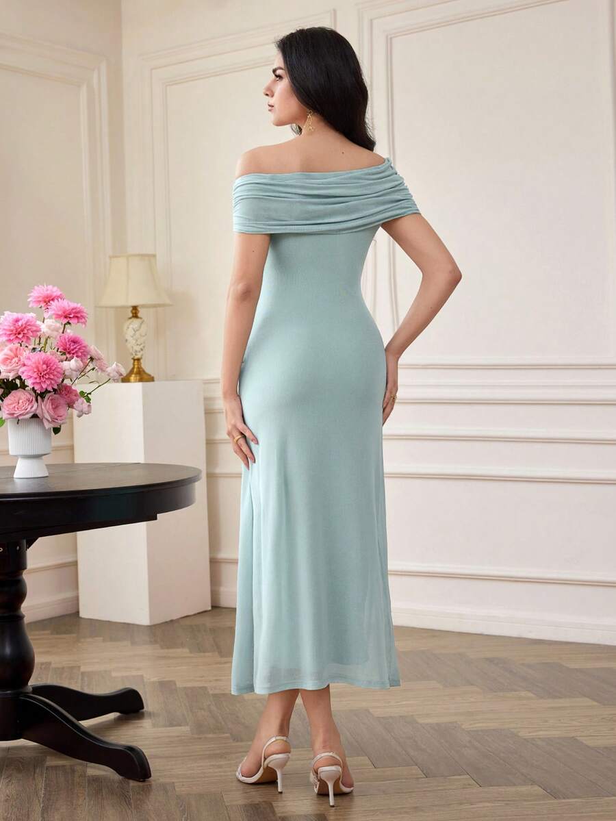 SHEIN Modelyn فستان طويل بكتف مكشوف وطيات من قماش شبكي