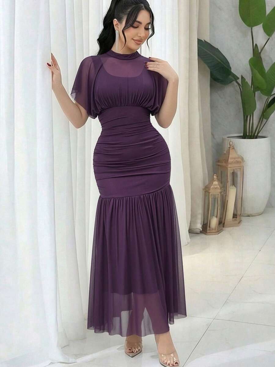 SHEIN Feyla فستان كوكتيل مطوي شفاف بخصر ضيق وقصة أنيقة
