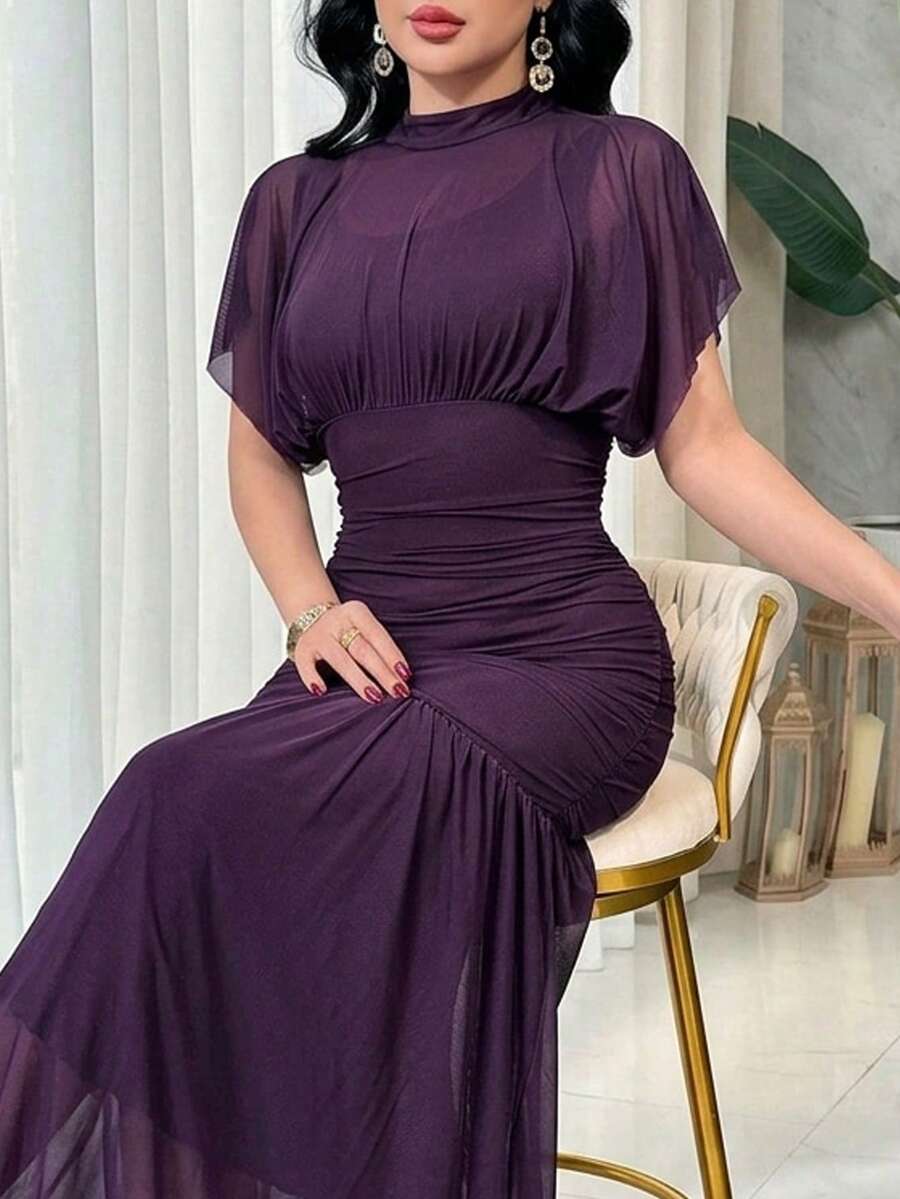 SHEIN Feyla فستان كوكتيل مطوي شفاف بخصر ضيق وقصة أنيقة