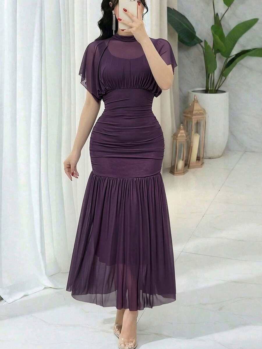SHEIN Feyla فستان كوكتيل مطوي شفاف بخصر ضيق وقصة أنيقة