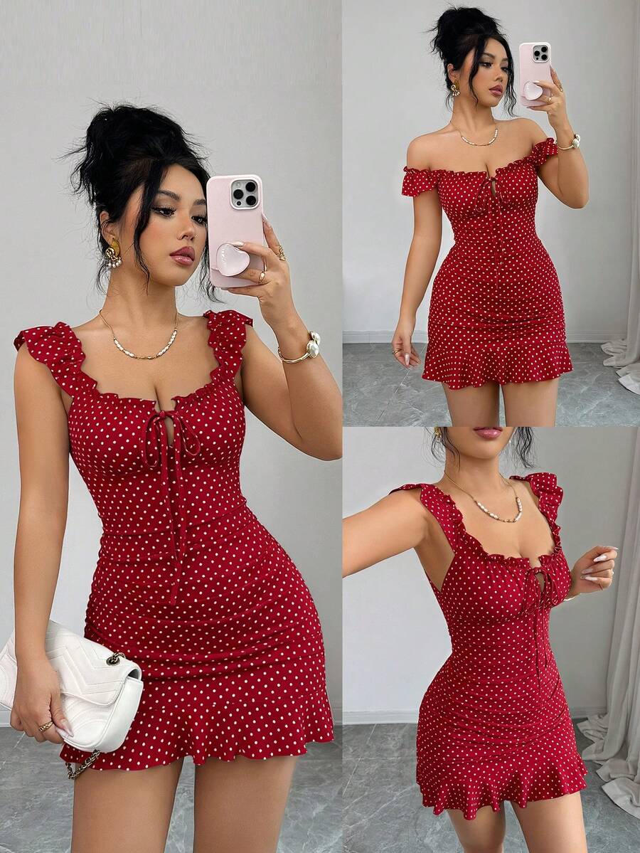 SHEIN SELIANNE فستان كاجوال أحمر بخصر مربوط وكشكشة ونقشة نقاط