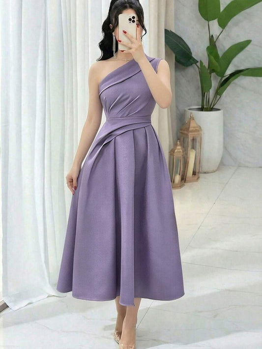 SHEIN Feyla فستان أنيق بكتف غير متماثل وخصر مطوي بلون أرجواني