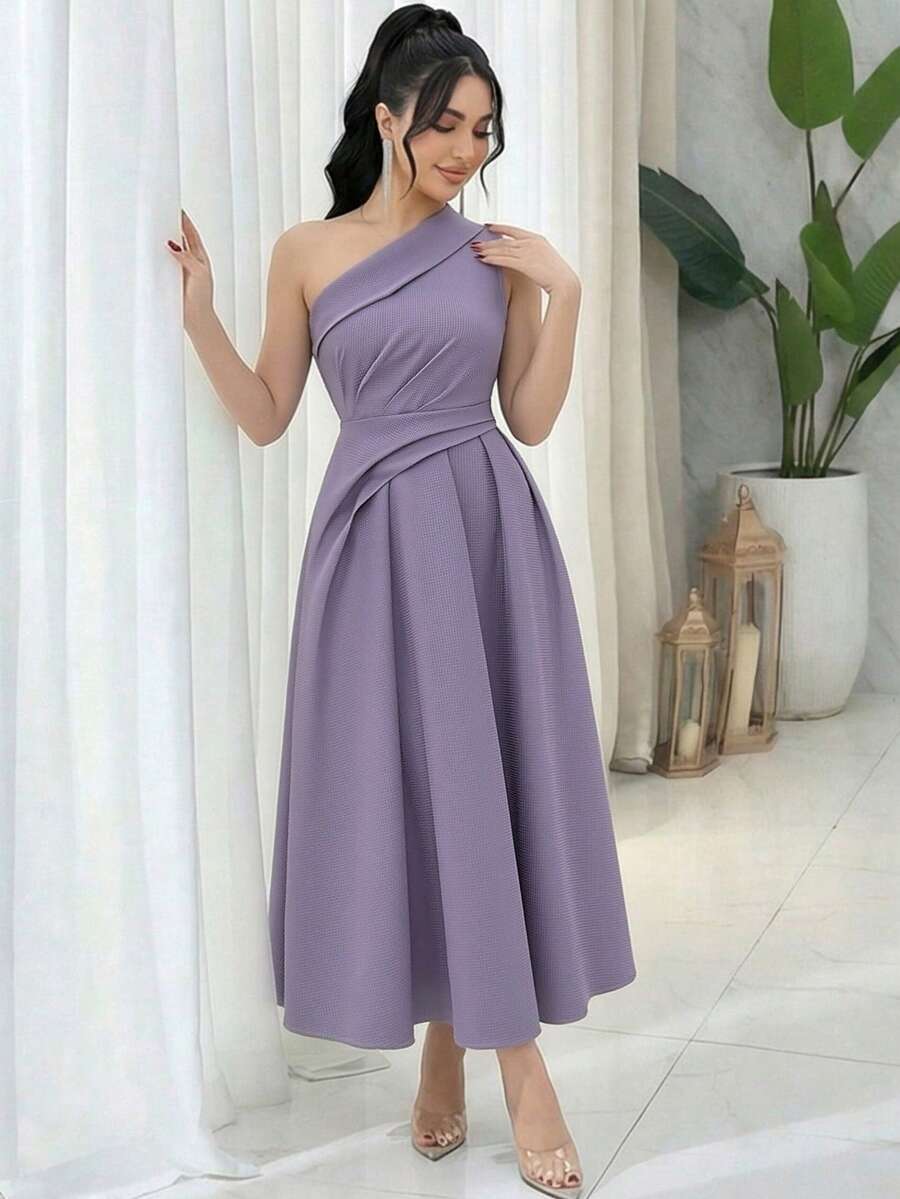 SHEIN Feyla فستان أنيق بكتف غير متماثل وخصر مطوي بلون أرجواني