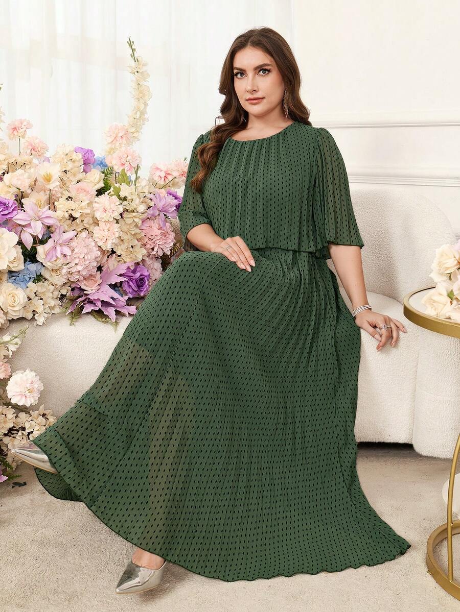 SHEIN Clasi فستان أخضر مطوي للمقاسات الكبيرة