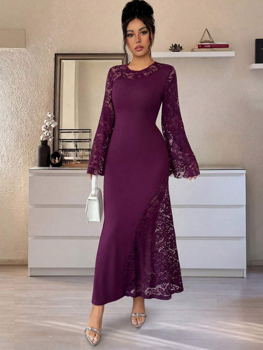 SHEIN Rafferiza فستان كروشيه بلون أرجواني بأكمام واسعة