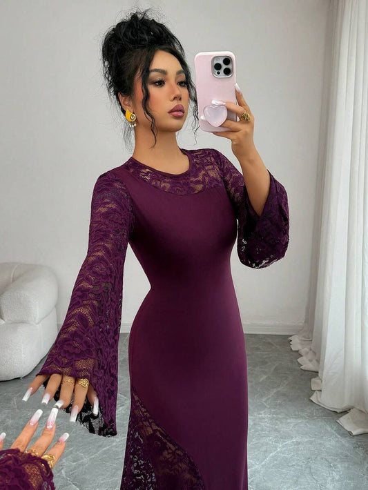 SHEIN Rafferiza فستان كروشيه بلون أرجواني بأكمام واسعة