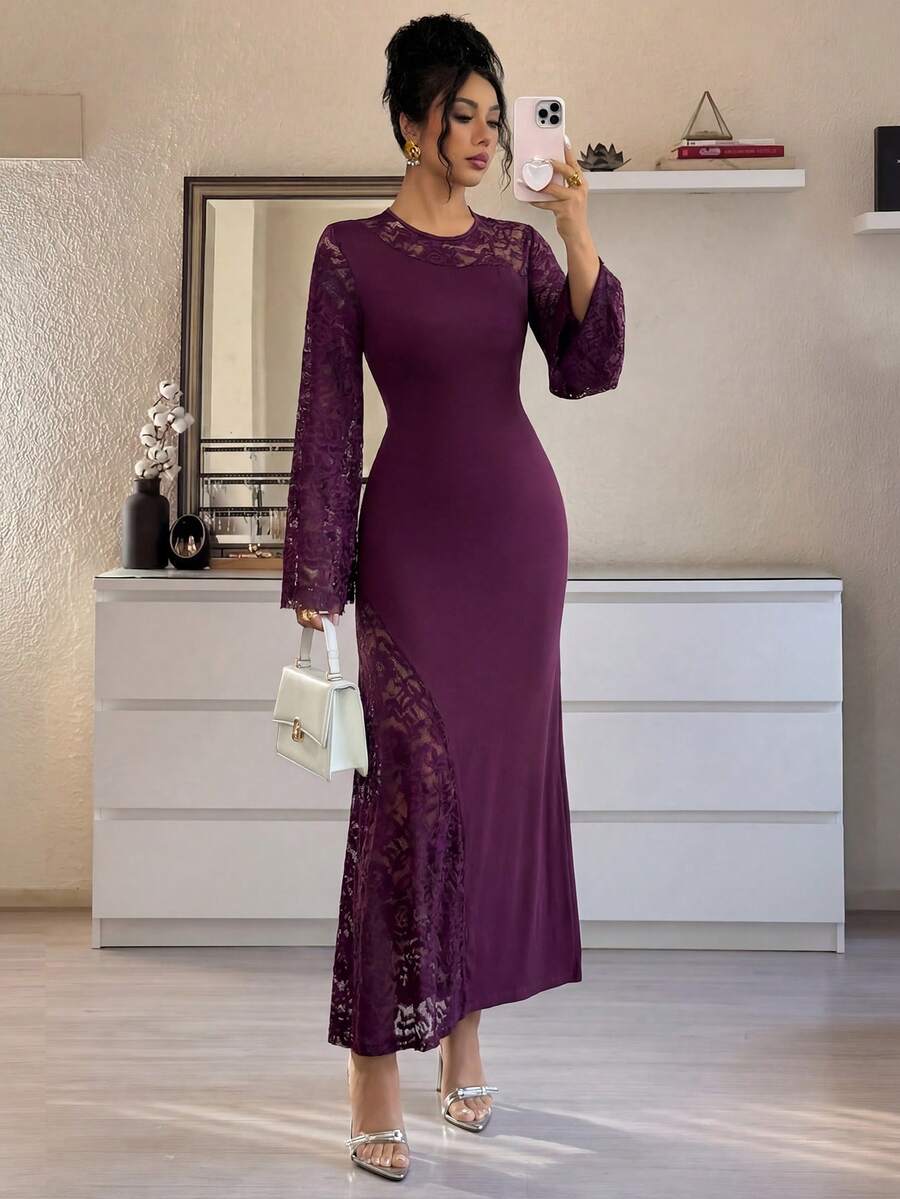 SHEIN Rafferiza فستان كروشيه بلون أرجواني بأكمام واسعة