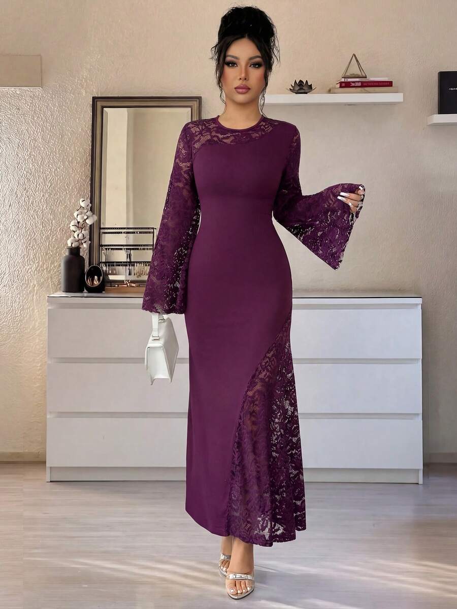 SHEIN Rafferiza فستان كروشيه بلون أرجواني بأكمام واسعة