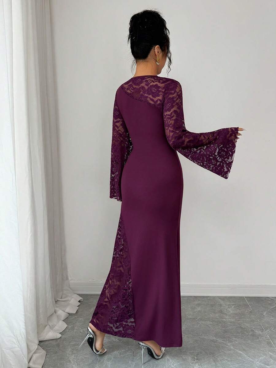 SHEIN Rafferiza فستان كروشيه بلون أرجواني بأكمام واسعة