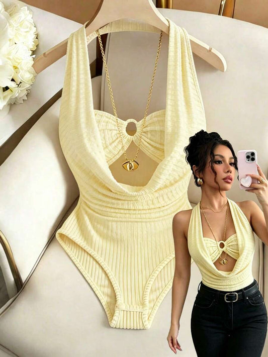 SHEIN Selianne بودي سوت صيفي أنيق أصفر بياقة هالتر منسدلة وحلقة صدر من