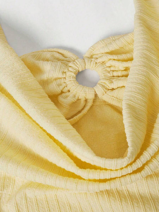 SHEIN Selianne بودي سوت صيفي أنيق أصفر بياقة هالتر منسدلة وحلقة صدر من