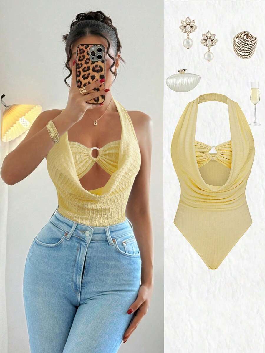 SHEIN Selianne بودي سوت صيفي أنيق أصفر بياقة هالتر منسدلة وحلقة صدر من
