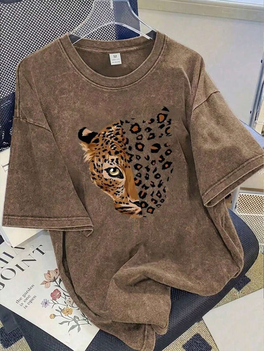 SHEIN تي شيرت نسائي بني بطبعة وجه نمر بتأثير تاي داي
