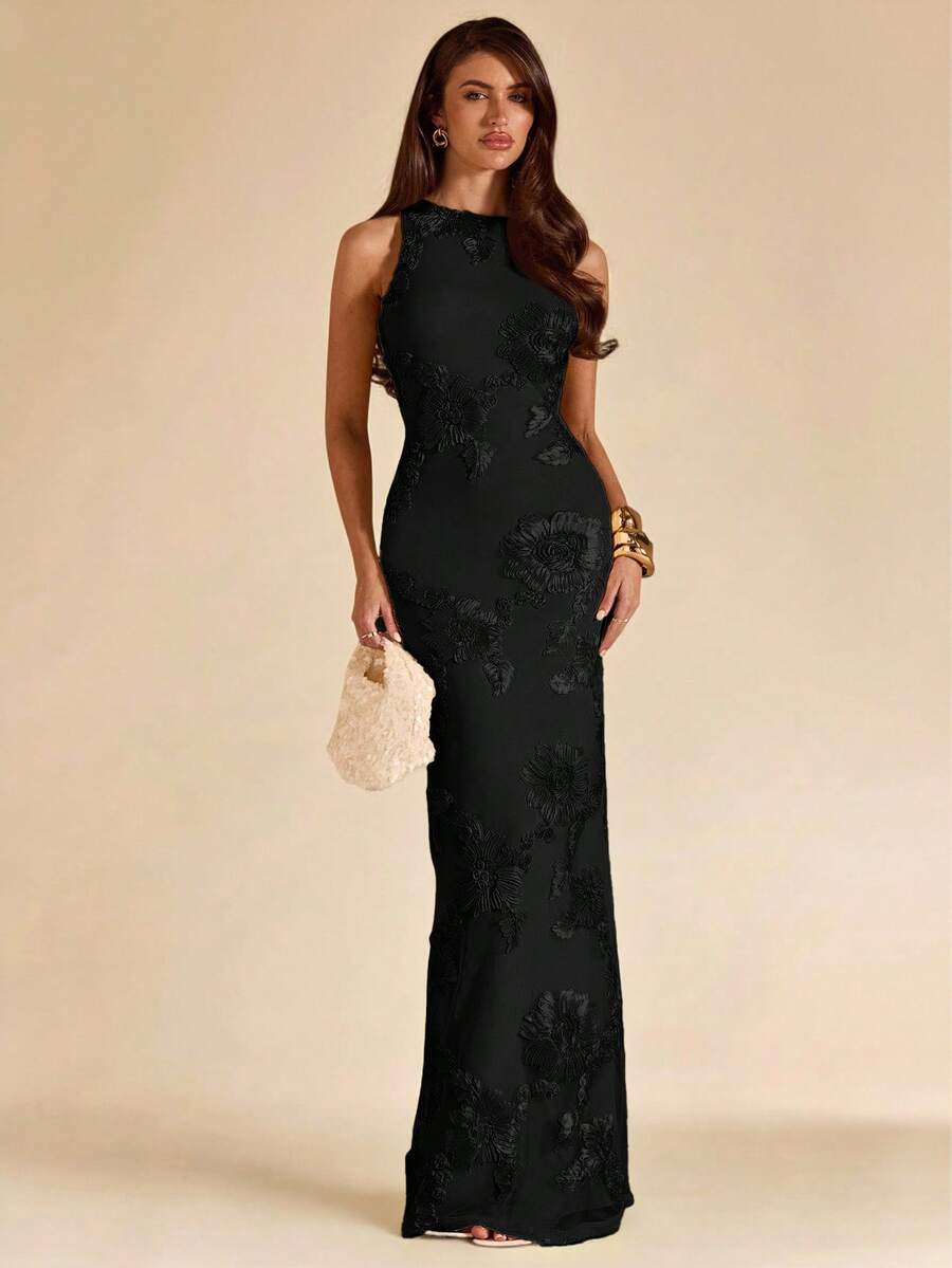 SHEIN BAE فستان جاكار أسود بدون أكمام