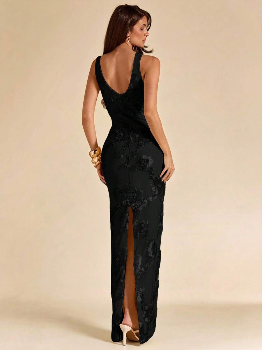 SHEIN BAE فستان جاكار أسود بدون أكمام