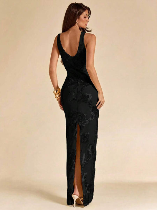 SHEIN BAE فستان جاكار أسود بدون أكمام