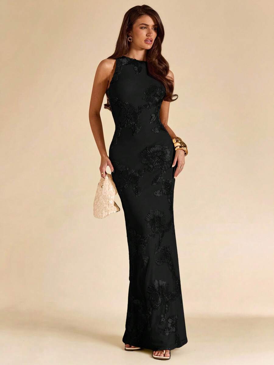 SHEIN BAE فستان جاكار أسود بدون أكمام