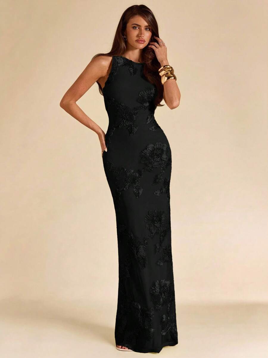SHEIN BAE فستان جاكار أسود بدون أكمام