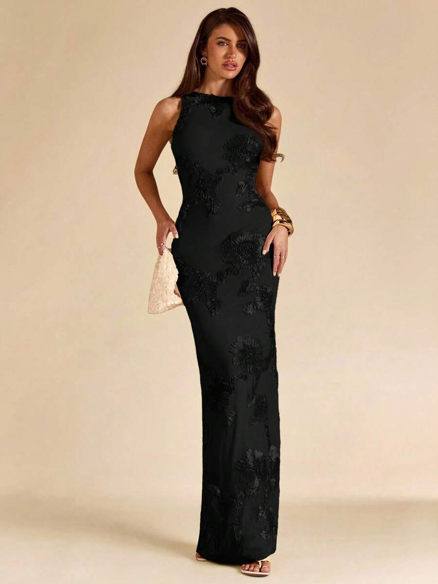 SHEIN BAE فستان جاكار أسود بدون أكمام