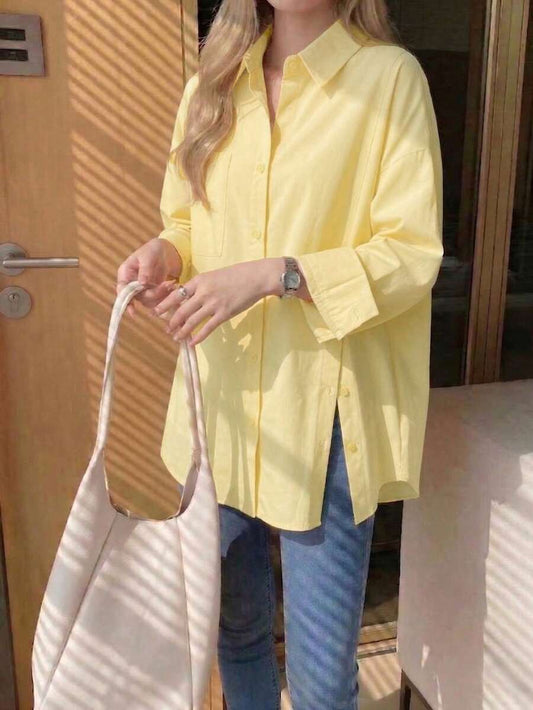 SHEIN قميص نسائي بأكمام طويلة وأزرار أمامية وجيب بلون أصفر
