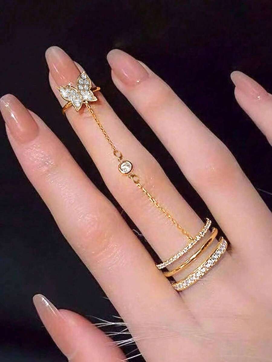 SHEIN خاتم بتصميم فراشة مرصع بالراينستون