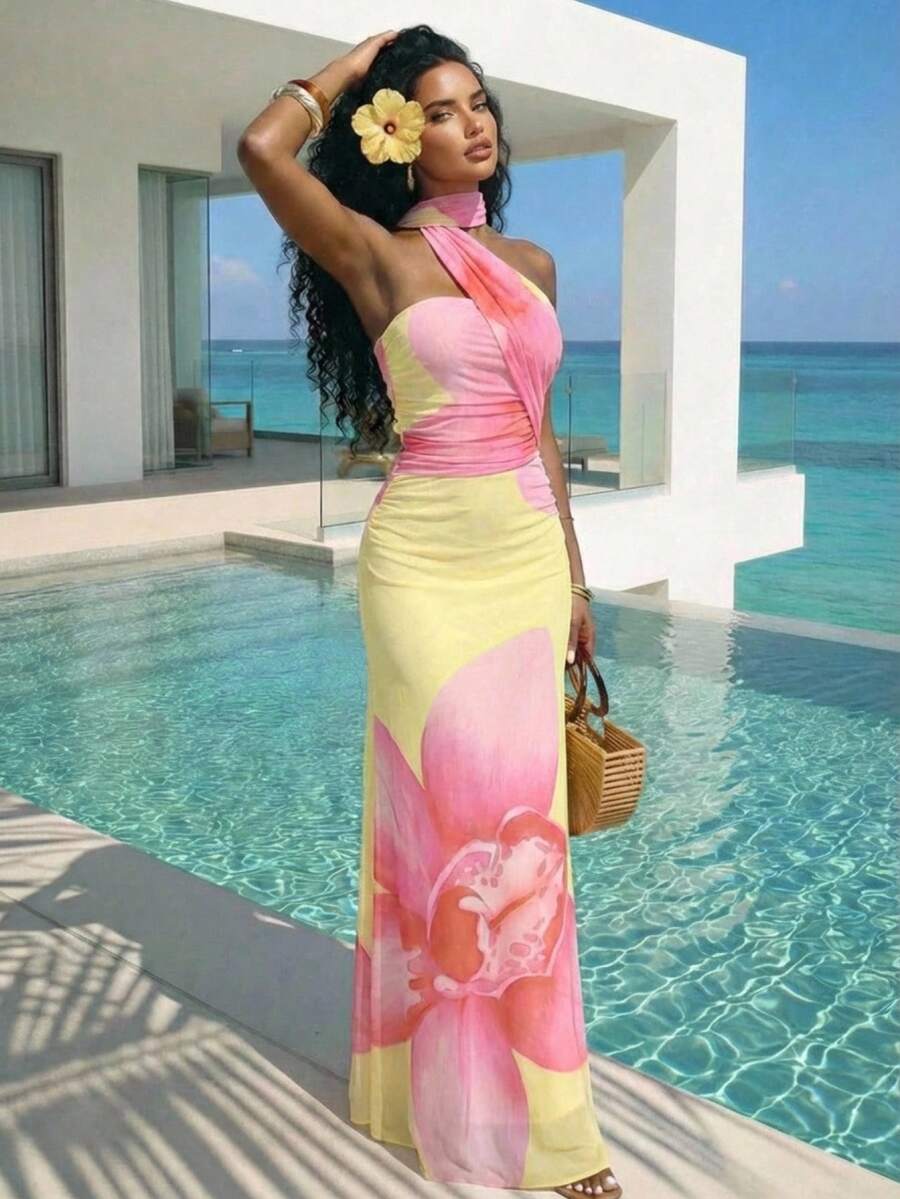 SHEIN Aloruh فستان وردي بطبعة زهور رومانسية بظهر مكشوف