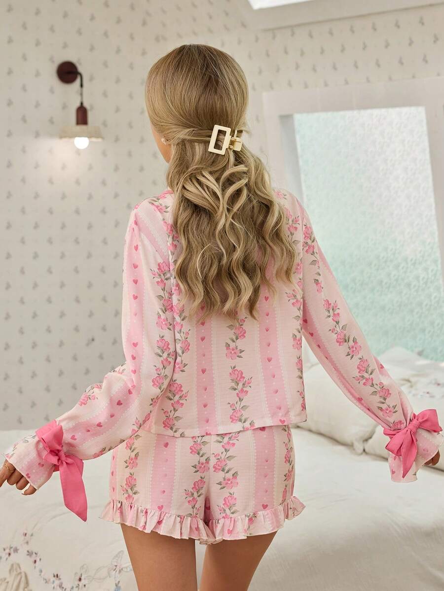 SHEIN SweetSlumber طقم بيجامة كارديجان بتصميم فراشة وطبعة زهور وأوراق