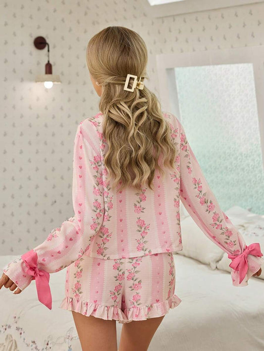 SHEIN SweetSlumber طقم بيجامة كارديجان بتصميم فراشة وطبعة زهور وأوراق