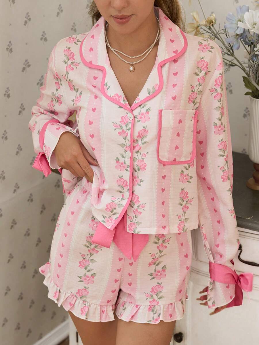 SHEIN SweetSlumber طقم بيجامة كارديجان بتصميم فراشة وطبعة زهور وأوراق