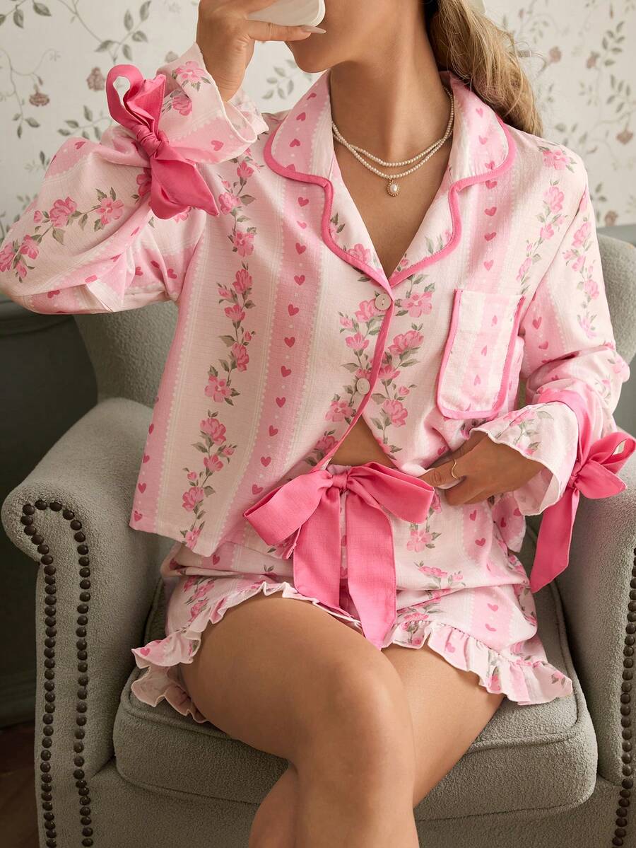 SHEIN SweetSlumber طقم بيجامة كارديجان بتصميم فراشة وطبعة زهور وأوراق
