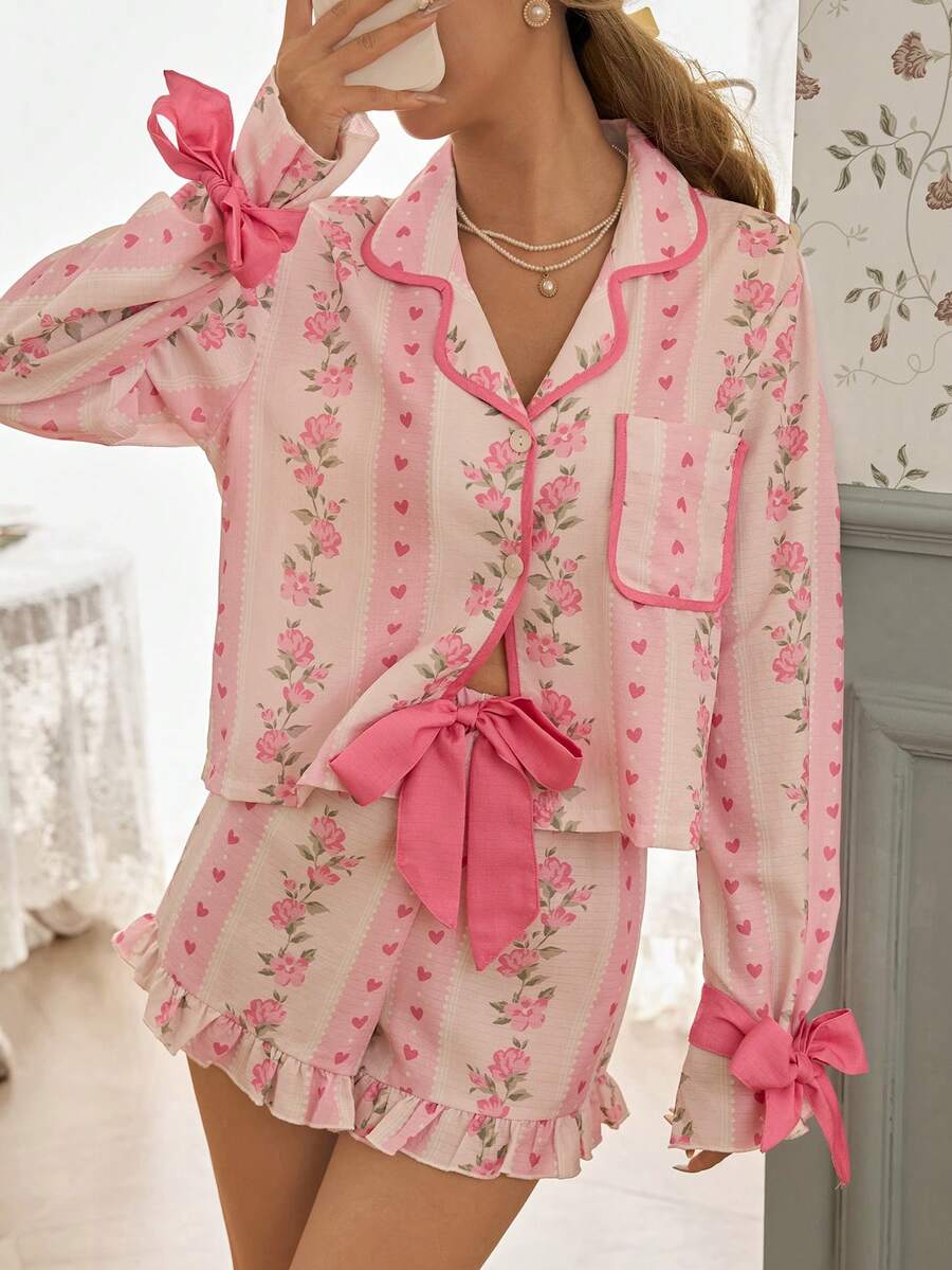 SHEIN SweetSlumber طقم بيجامة كارديجان بتصميم فراشة وطبعة زهور وأوراق