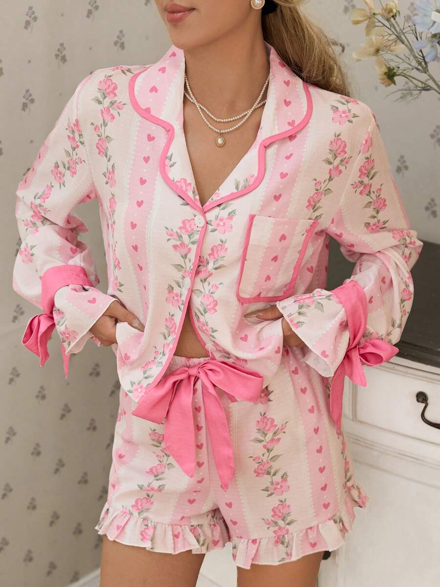 SHEIN SweetSlumber طقم بيجامة كارديجان بتصميم فراشة وطبعة زهور وأوراق