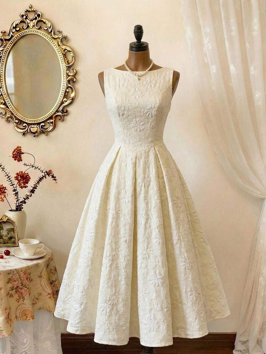 SHEIN Vintamour فستان كلاسيكي بياقة قارب ونقوش زهور من الجاكار