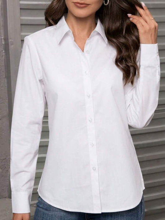 SHEIN قميص أبيض بأزرار وأكمام طويلة بقصة كلاسيكية أنيقة